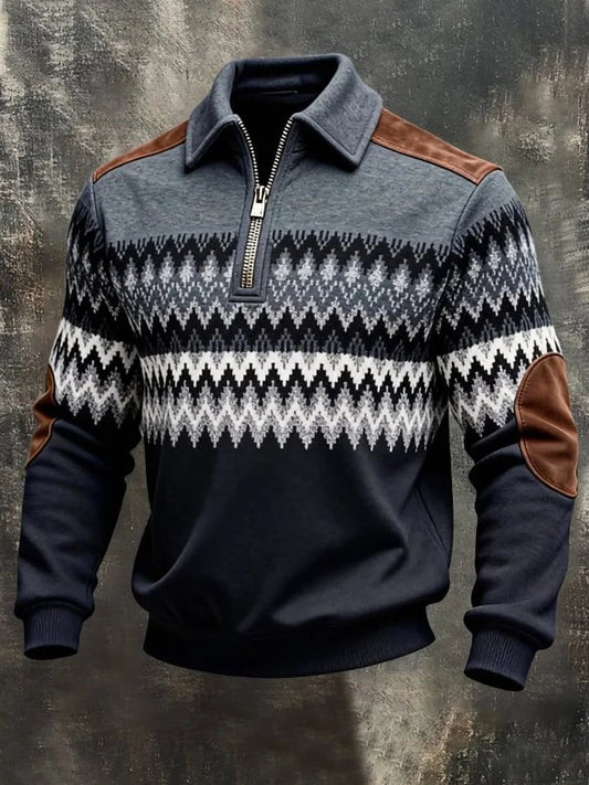 Men's Retro Color Block Print Zip-Up Sweatshirt