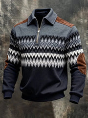 Men's Retro Color Block Print Zip-Up Sweatshirt