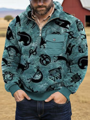 Men's Vintage Aztec Printed Casual Zip-Up Flannel Hoodie