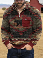 Men's Vintage Aztec Printed Casual Zip-Up Flannel Hoodie