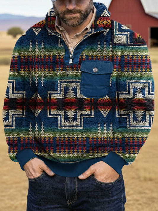 Men's Vintage Aztec Printed Casual Zip-Up Flannel Hoodie