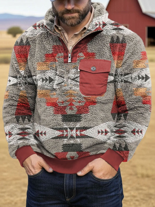 Men's Vintage Aztec Printed Casual Zip-Up Flannel Hoodie