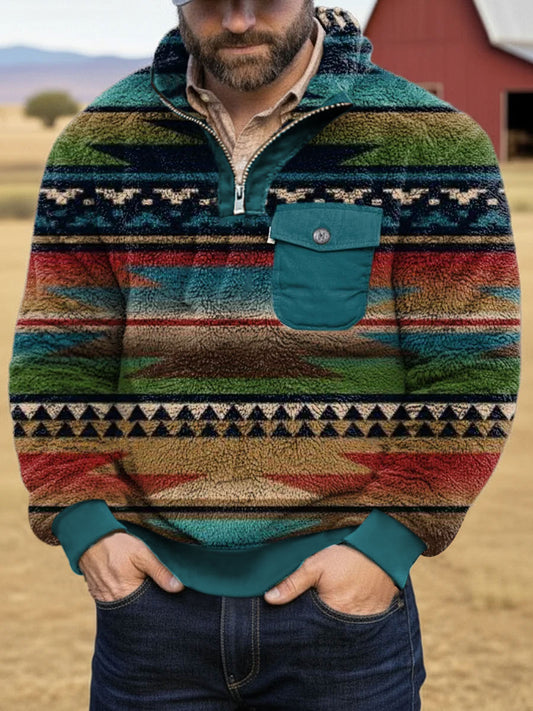 Men's Vintage Aztec Printed Casual Zip-Up Flannel Hoodie