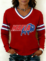 Women's Bills Mafia Football Fans Gameday Casual V-Neck Long-Sleeve T-Shirt