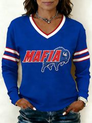Women's Bills Mafia Football Fans Gameday Casual V-Neck Long-Sleeve T-Shirt