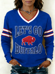 Women's Let's Go Buffalo Football Fans Gameday Casual V-Neck Long Sleeve T-Shirt