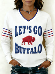 Women's Let's Go Buffalo Football Fans Gameday Casual V-Neck Long Sleeve T-Shirt