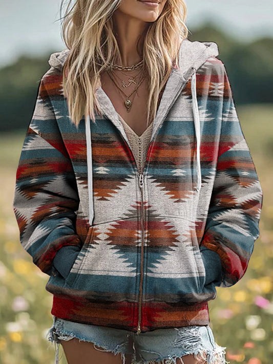 Women's Vintage Western Aztec Pattern  Zip-Up Hoodie