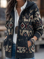 Women's Vintage Western Aztec Pattern Zip-Up Hoodie