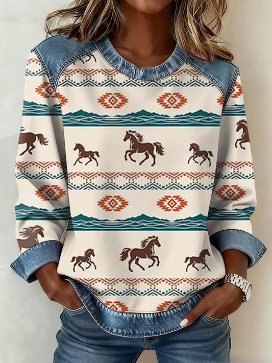 Women's Western Pattern Patchwork Art Sweatshirt