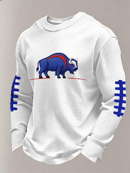 Men's Buffalo Print Football Fans Gameday Casual Waffle Long Sleeve T-Shirt