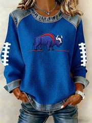 Women's Buffalo Print Football Fans Gameday Casual Denim Patchwork Top