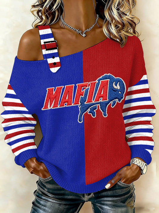 Women's Bills Mafia Stripes Print Football Fans Gameday Casual Off-Shoulder Top