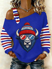 Women's Go Buffalo Stripes Print Football Fans Gameday Casual Off-Shoulder Top