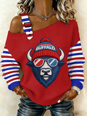 Women's Go Buffalo Stripes Print Football Fans Gameday Casual Off-Shoulder Top
