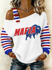 Women's Bills Mafia Stripes Print Football Fans Gameday Casual Off-Shoulder Top