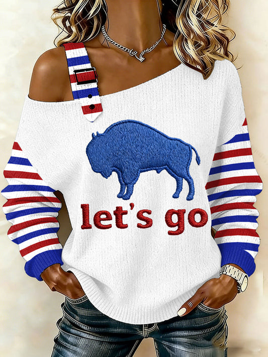 Women's Go Buffalo Stripes Print Football Fans Gameday Casual Off-Shoulder Top