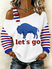 Women's Go Buffalo Stripes Print Football Fans Gameday Casual Off-Shoulder Top