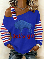 Women's Go Buffalo Stripes Print Football Fans Gameday Casual Off-Shoulder Top