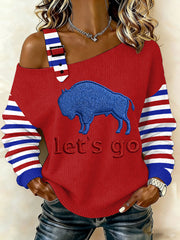 Women's Go Buffalo Stripes Print Football Fans Gameday Casual Off-Shoulder Top