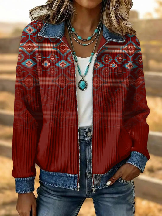 Women's Vintage Western Flower Art Patchwork Denim Jacket