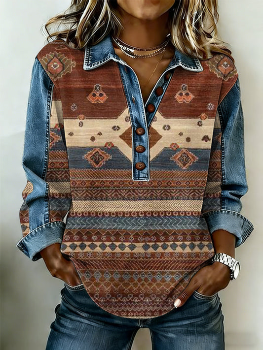 Women's Vintage Western Pattern Patchwork Art Sweatshirt