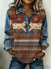 Women's Vintage Western Pattern Patchwork Art Sweatshirt