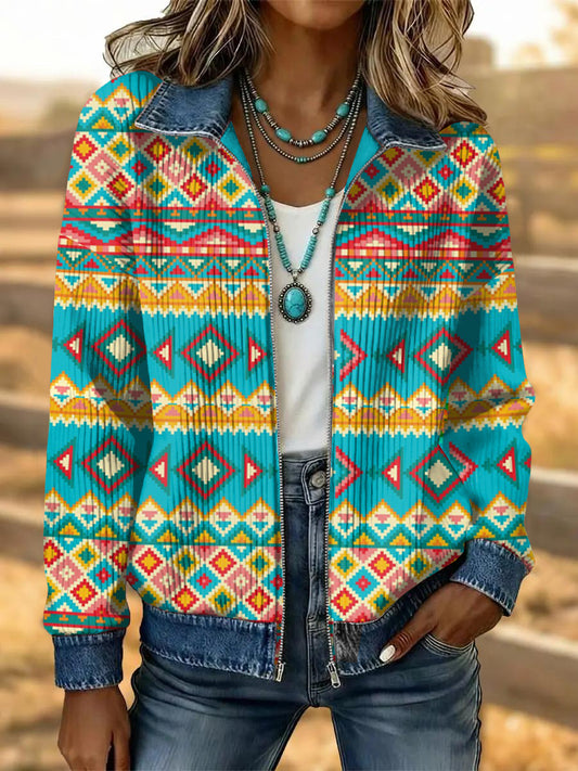 Women's Vintage Western Flower Art Patchwork Denim Jacket
