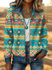 Women's Vintage Western Flower Art Patchwork Denim Jacket