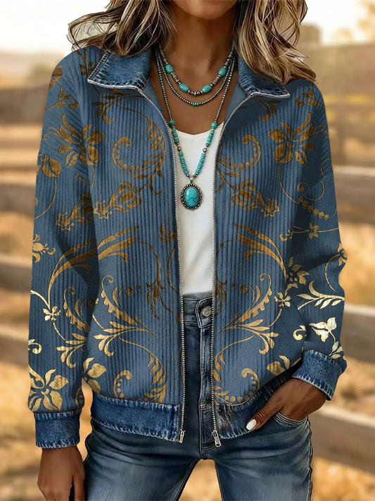 Women's Vintage Western Flower Art Patchwork Denim Jacket