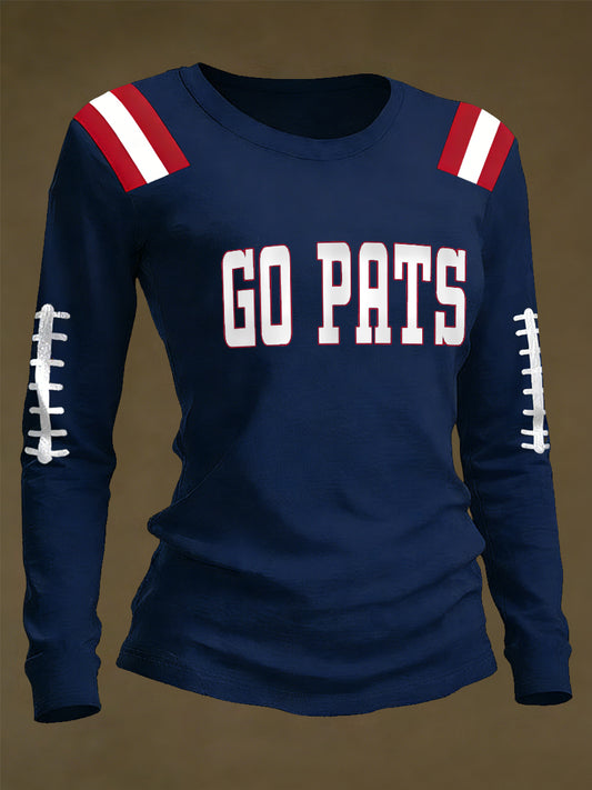 Women's Go Pats Print Gift For Football Fans Casual  Long Sleeve Shirt