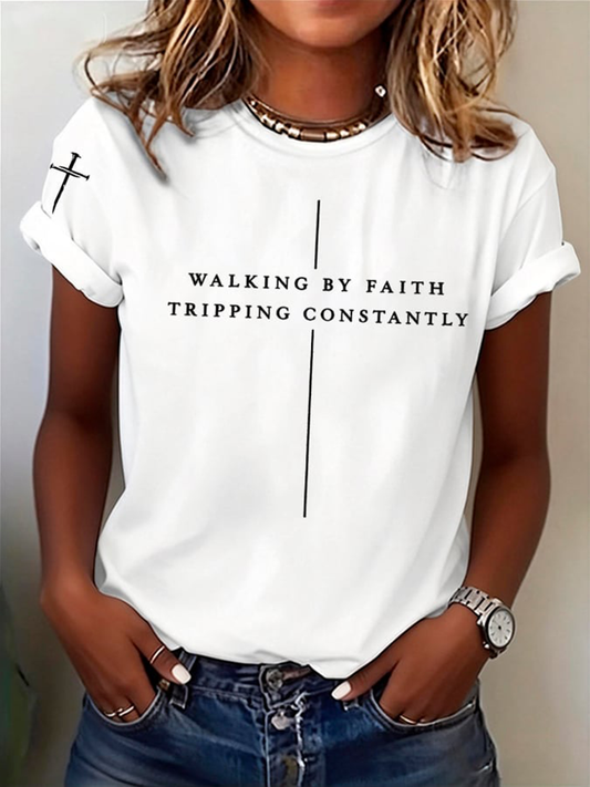 Women's Walking By Faith Tripping Constantly Short Sleeve T-Shirt