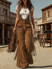 Women's Retro Western Suede Fringe Wide Leg Overalls