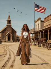 Women's Retro Western Suede Fringe Wide Leg Overalls