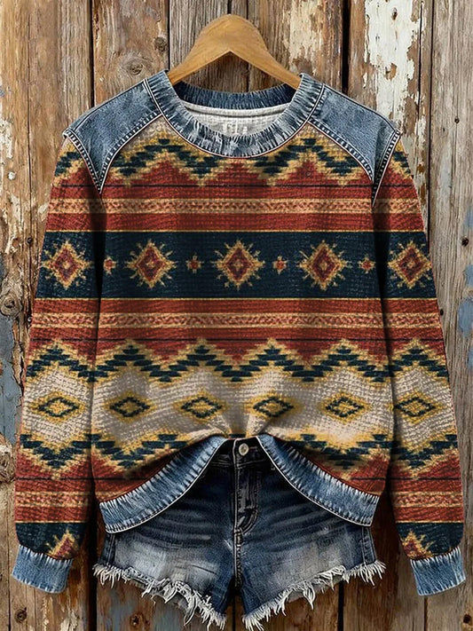 Women's Vintage Aztec Print Casual Waffle Denim Patchwork Top