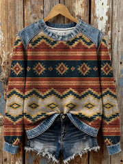Women's Vintage Aztec Print Casual Waffle Denim Patchwork Top