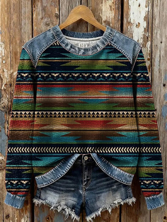 Women's Vintage Aztec Print Casual Waffle Denim Patchwork Top