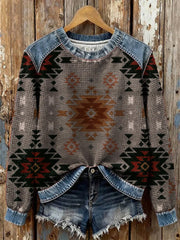 Women's Vintage Aztec Print Casual Waffle Denim Patchwork Top