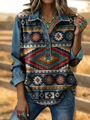 Women's Retro Aztec Pattern Print Button-Up Top