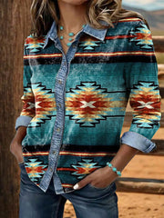 Women's Vintage Aztec Art Print Patchwork  Shirt