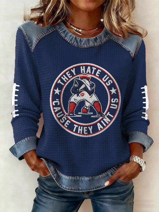 Women's They Hate Us Cause They Ain't Us Gift For Football Fans Gameday Casual Denim Patchwork Top