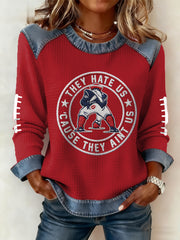 Women's They Hate Us Cause They Ain't Us Gift For Football Fans Gameday Casual Denim Patchwork Top