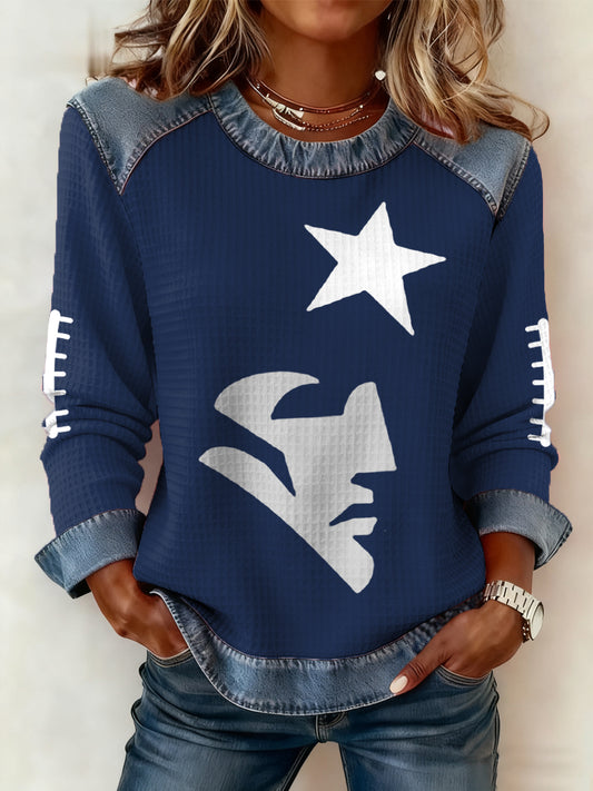 Women's Football Fans Gameday Casual Denim Patchwork Top