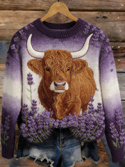 Women's Funny Highland Cow Floral Art Cozy Sweater