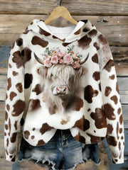 Women's Funny Highland Cow Floral Art Cozy Hooded Sweater