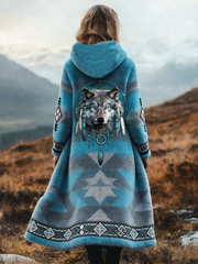 Women's Western Wolf Dreamcatcher Print Flannel Long Coat