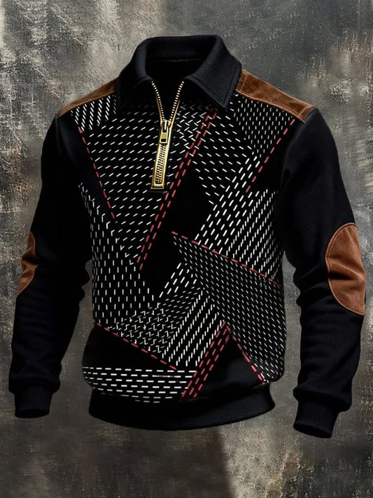 Men's Retro Geometric Print Casual Half-Zip Sweatshirt