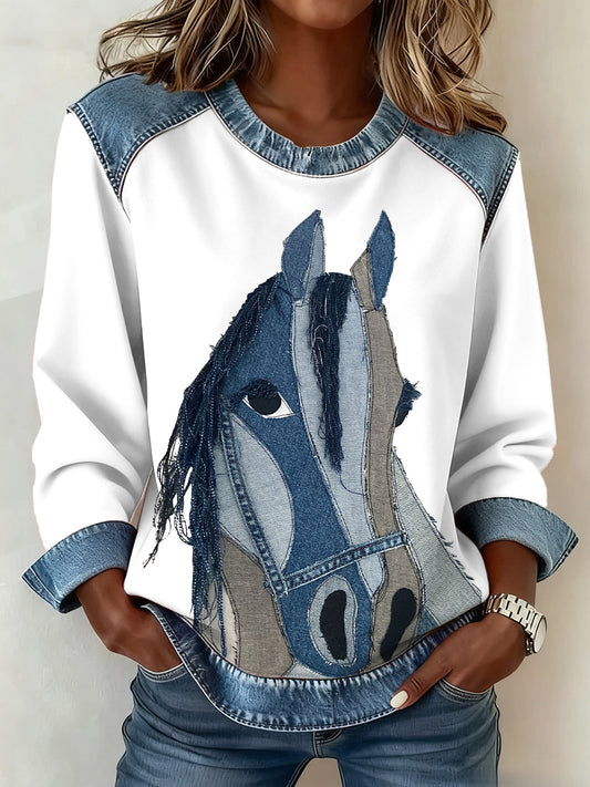 Women's Vintage Horse Art Denim Patchwork Top
