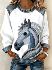 Women's Vintage Horse Art Denim Patchwork Top