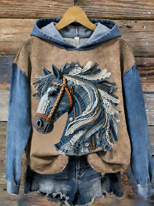 Women's Vintage Horse Art Patchwork  Hooded  Sweatshirt